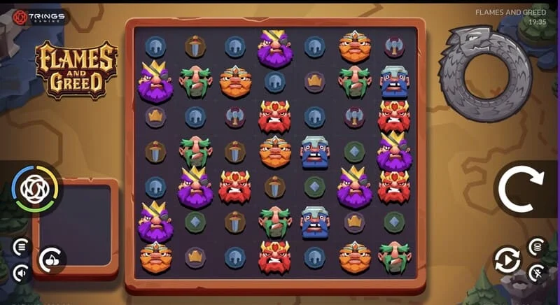 Flames and Greed - pangunahing screen na may 7×7 grid